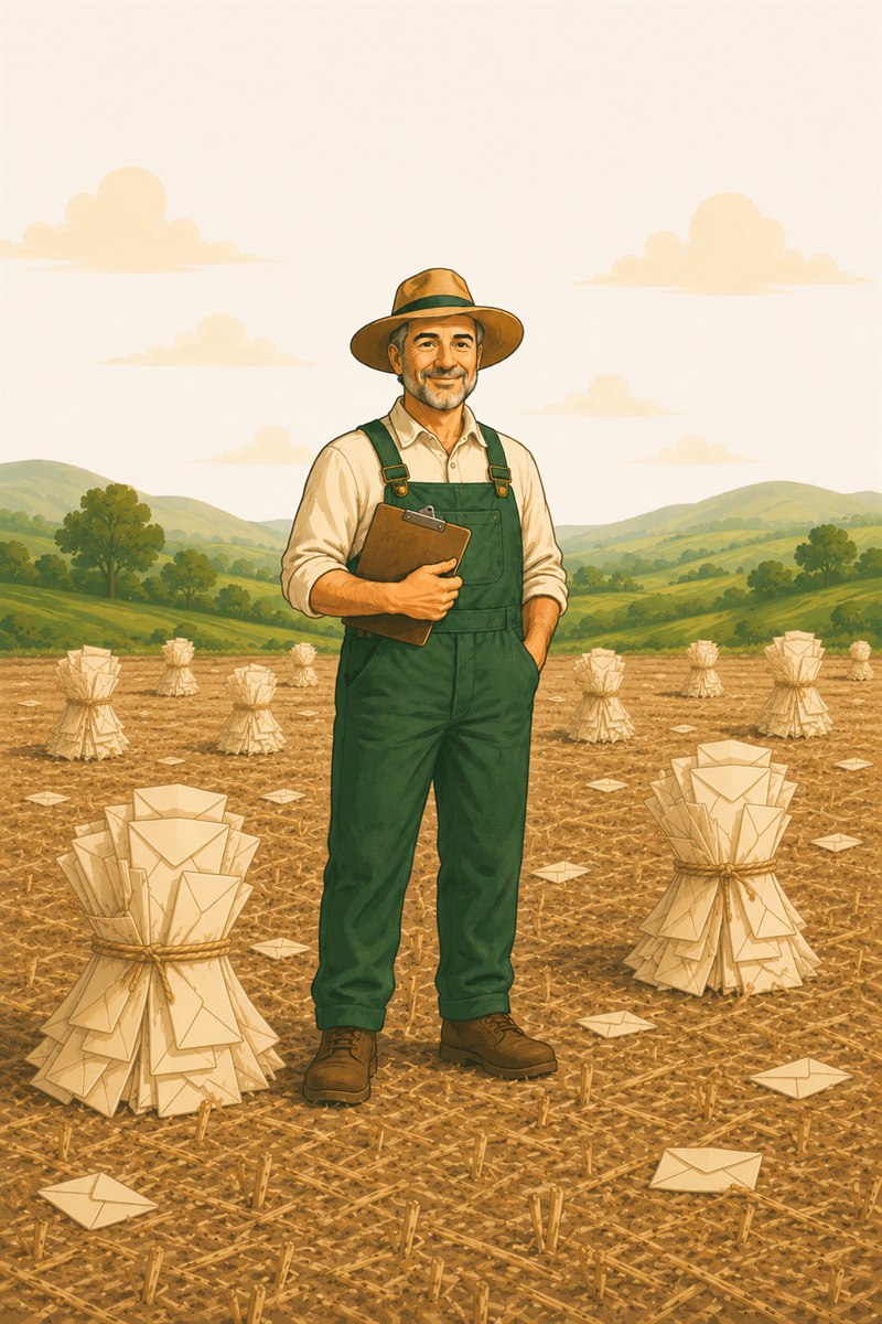 A gleaner standing in a field of envelopes, with bundles of envelopes in the background