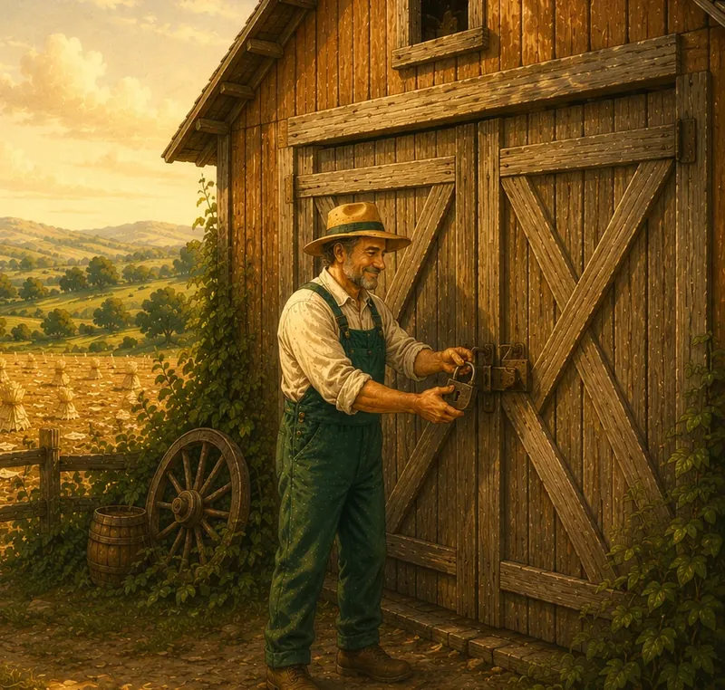 A gleaner locking the barn where the team's contact cards are kept