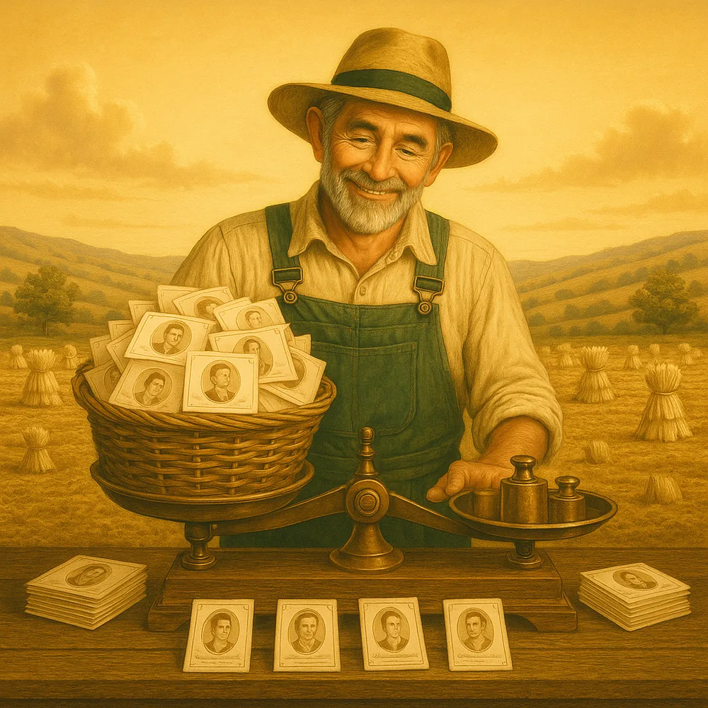 A gleaner weighing a basket of gathered contact cards on a balance scale